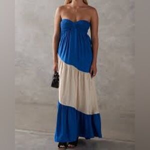 SANCIA Chic Strapless Blue and Cream Maxi Dress